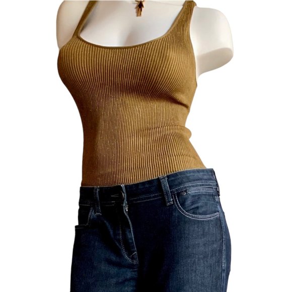 Bronze lightweight ribbed neutral pullover knit racer back sweater - size S - Picture 2 of 4